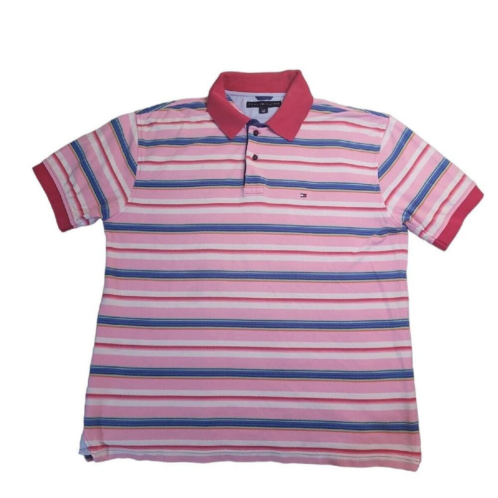 Vintage TOMMY HILFIGER 90s Y2K XL Polo Pink Blue Red Stripe Shirt 100% Cotton